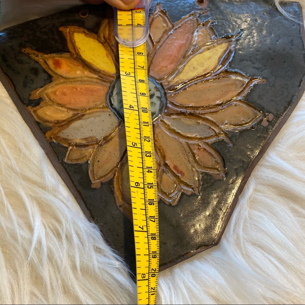 Wall art Artesian Ceramic Sunflower earth tone orange yellow brown on Chocolate - Picture 7 of 8